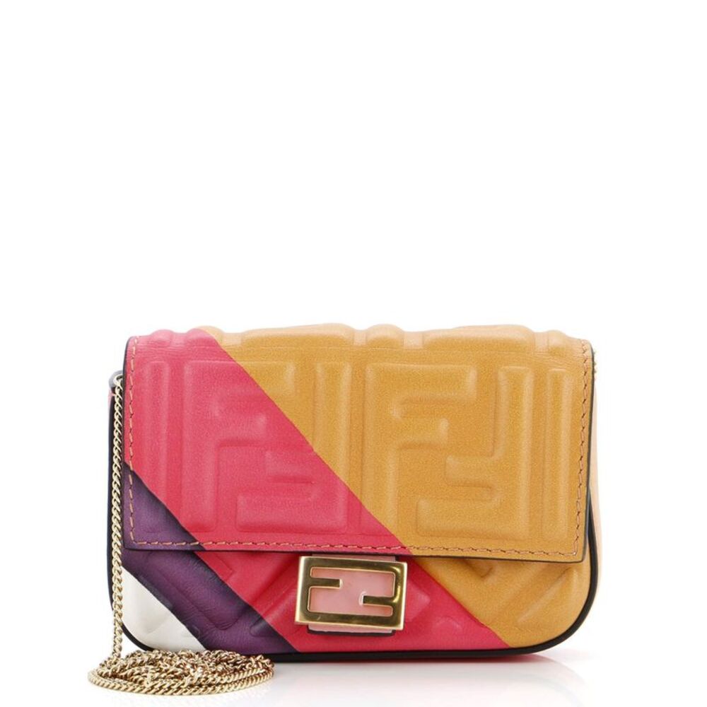 Fendi Chain Baguette Charm Bag Zucca Embossed Leather Nano Multicolor